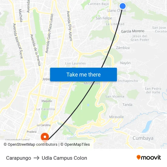 Carapungo to Udla Campus Colon map