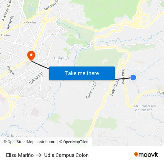 Elisa Mariño to Udla Campus Colon map