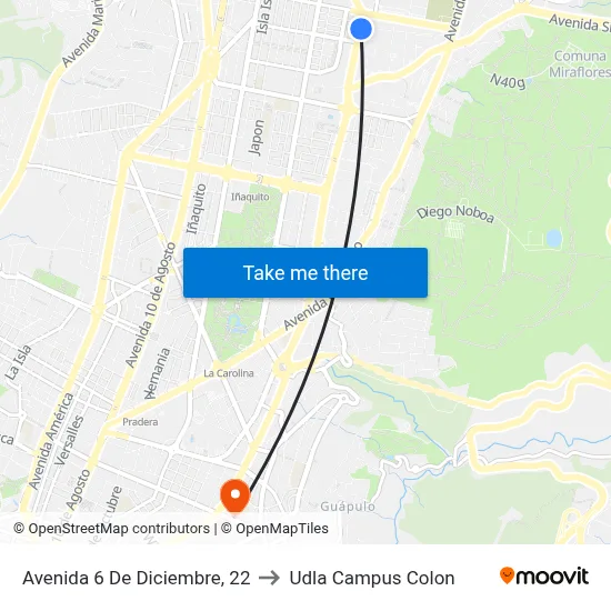 Avenida 6 De Diciembre, 22 to Udla Campus Colon map