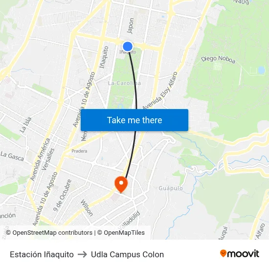 Estación Iñaquito to Udla Campus Colon map