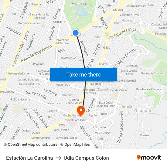 Estación La Carolina to Udla Campus Colon map