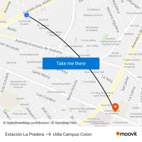 Estación La Pradera to Udla Campus Colon map