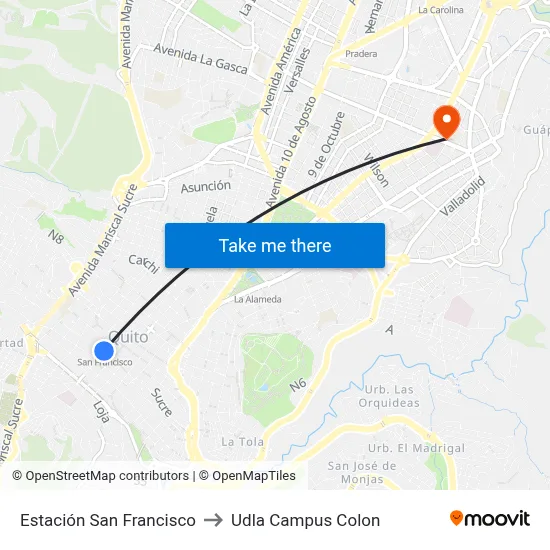 Estación San Francisco to Udla Campus Colon map