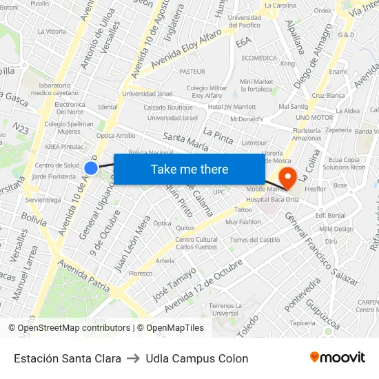 Estación Santa Clara to Udla Campus Colon map