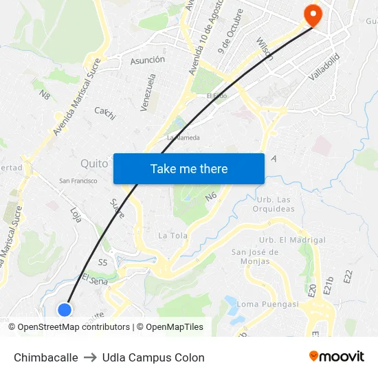 Chimbacalle to Udla Campus Colon map