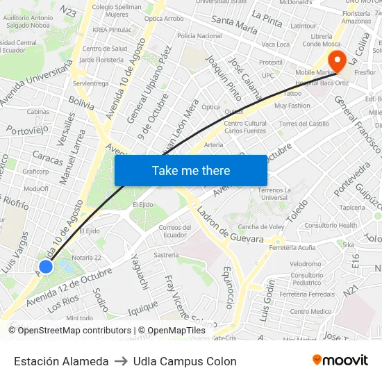 Estación Alameda to Udla Campus Colon map