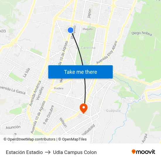 Estación Estadio to Udla Campus Colon map