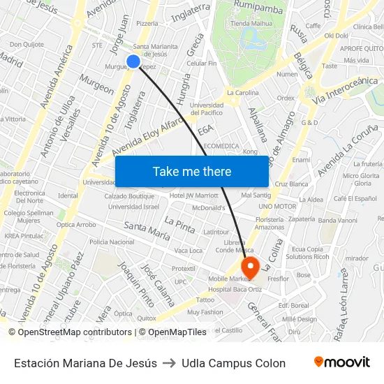 Estación Mariana De Jesús to Udla Campus Colon map