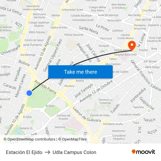Estación El Ejido to Udla Campus Colon map