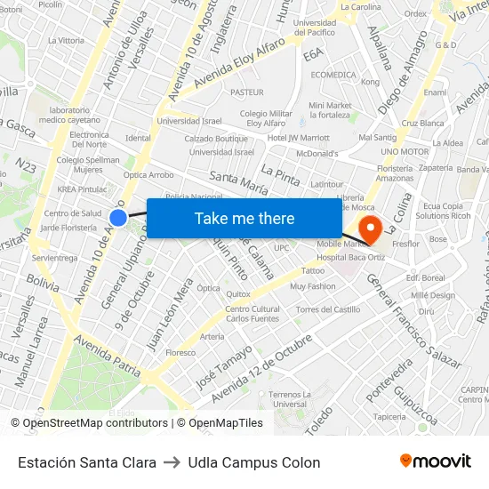 Estación Santa Clara to Udla Campus Colon map