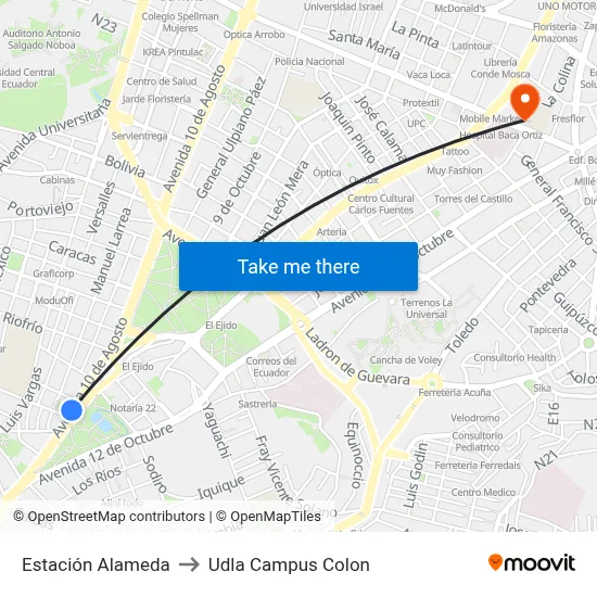 Estación Alameda to Udla Campus Colon map