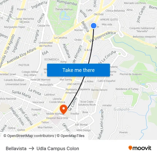 Bellavista to Udla Campus Colon map