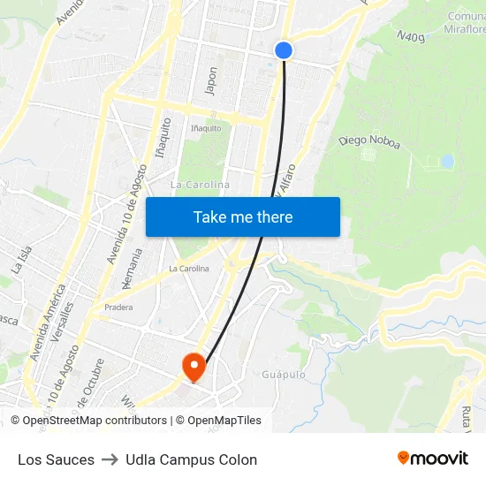 Los Sauces to Udla Campus Colon map