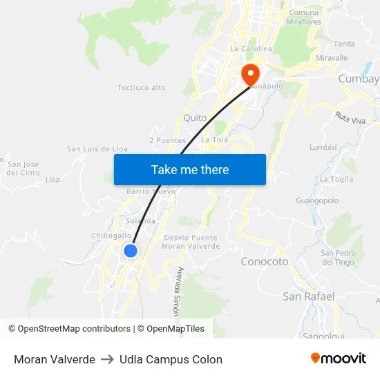 Moran Valverde to Udla Campus Colon map