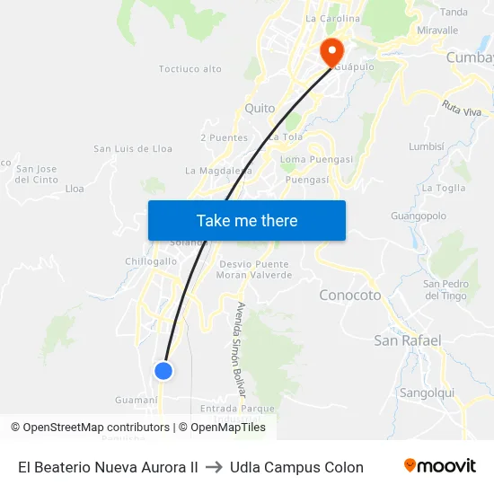 El Beaterio Nueva Aurora II to Udla Campus Colon map