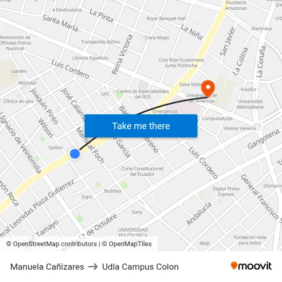 Manuela Cañizares to Udla Campus Colon map