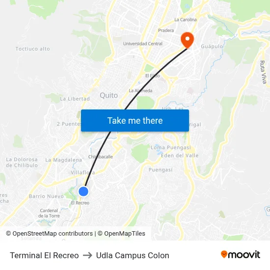 Terminal El Recreo to Udla Campus Colon map