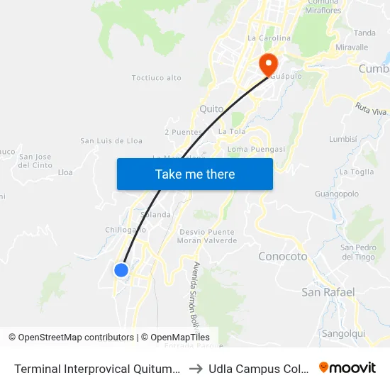Terminal Interprovical Quitumbe to Udla Campus Colon map
