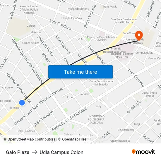 Galo Plaza to Udla Campus Colon map
