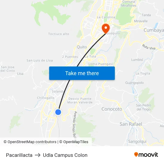 Pacarillacta to Udla Campus Colon map