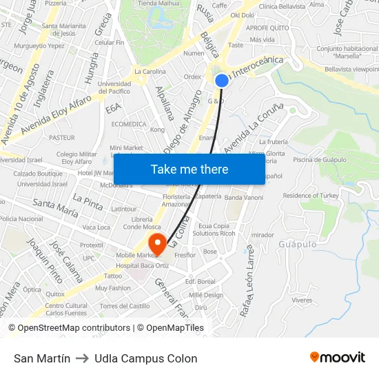 San Martín to Udla Campus Colon map