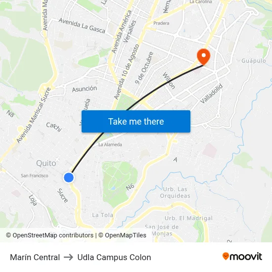 Marín Central to Udla Campus Colon map