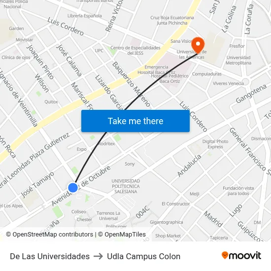 De Las Universidades to Udla Campus Colon map