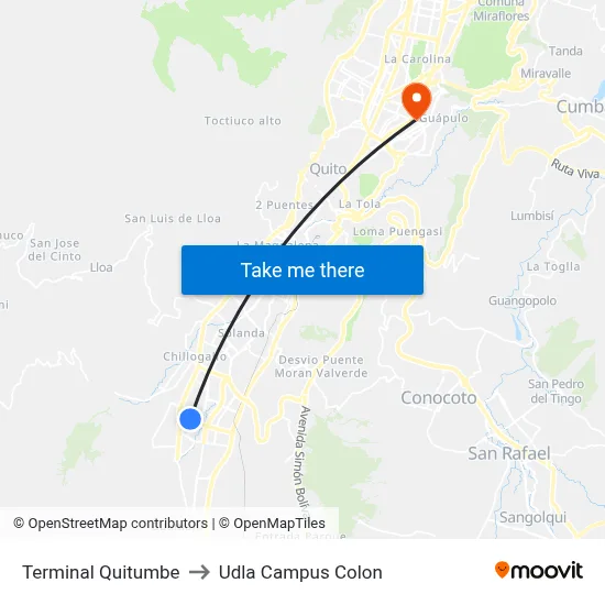 Terminal Quitumbe to Udla Campus Colon map