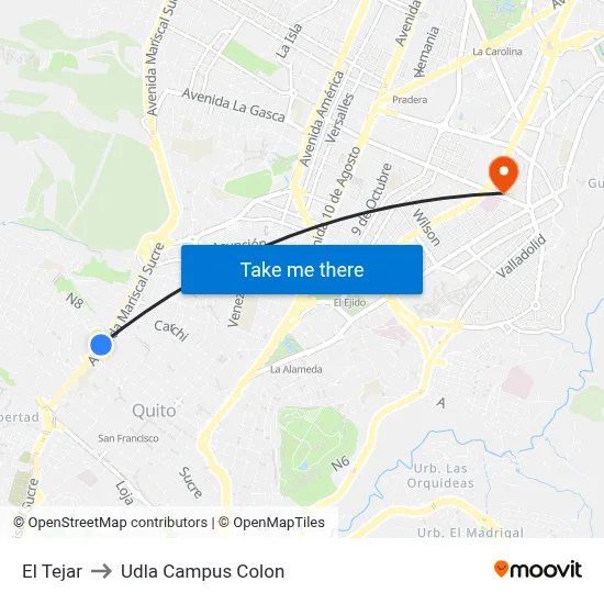 El Tejar to Udla Campus Colon map