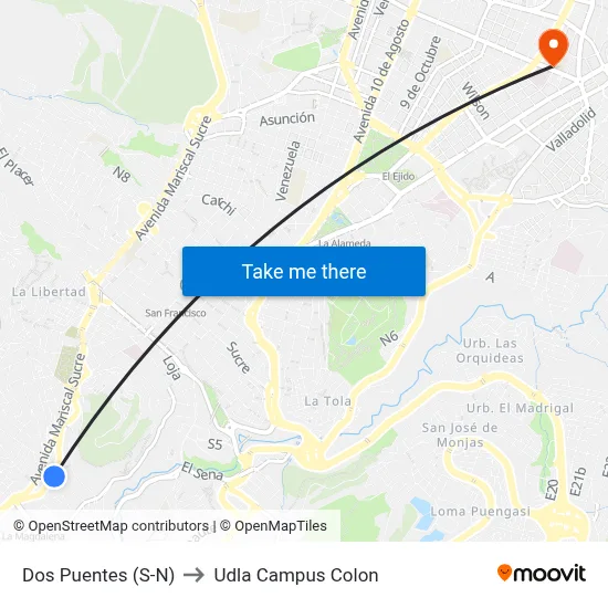 Dos Puentes (S-N) to Udla Campus Colon map