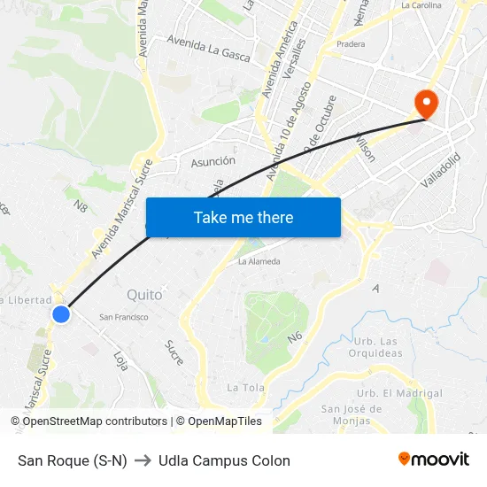 San Roque (S-N) to Udla Campus Colon map