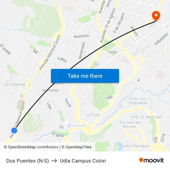 Dos Puentes (N-S) to Udla Campus Colon map