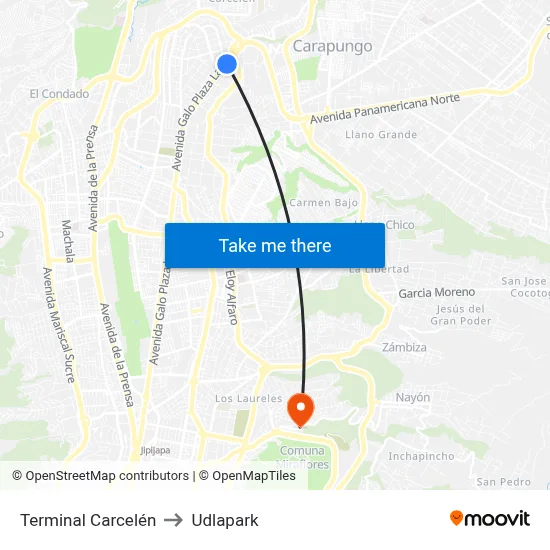 Terminal Carcelén to Udlapark map