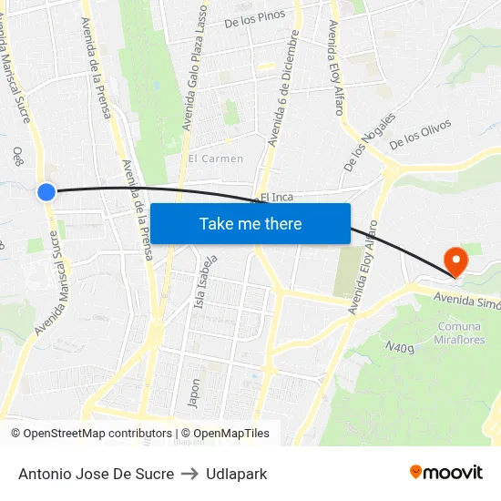 Antonio Jose De Sucre to Udlapark map