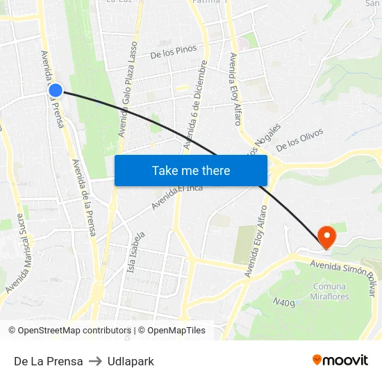 De La Prensa to Udlapark map