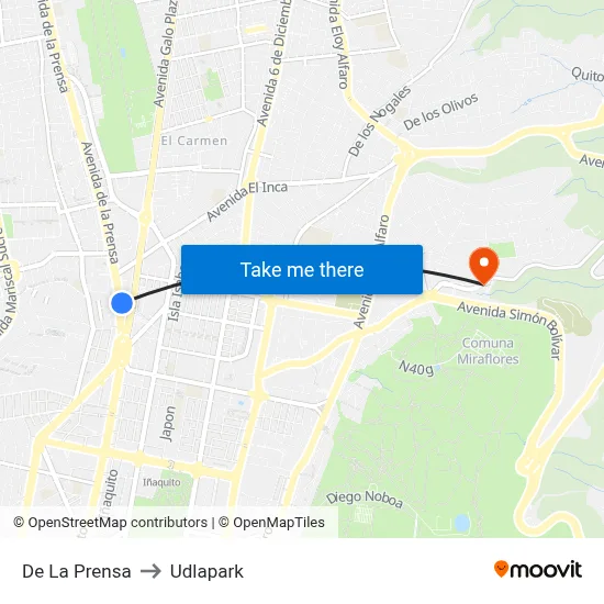 De La Prensa to Udlapark map