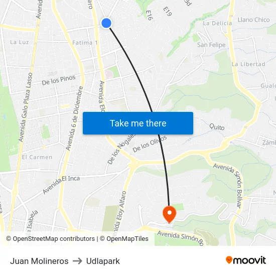 Juan Molineros to Udlapark map
