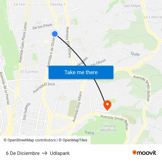 6 De Diciembre to Udlapark map
