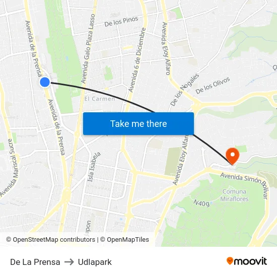 De La Prensa to Udlapark map