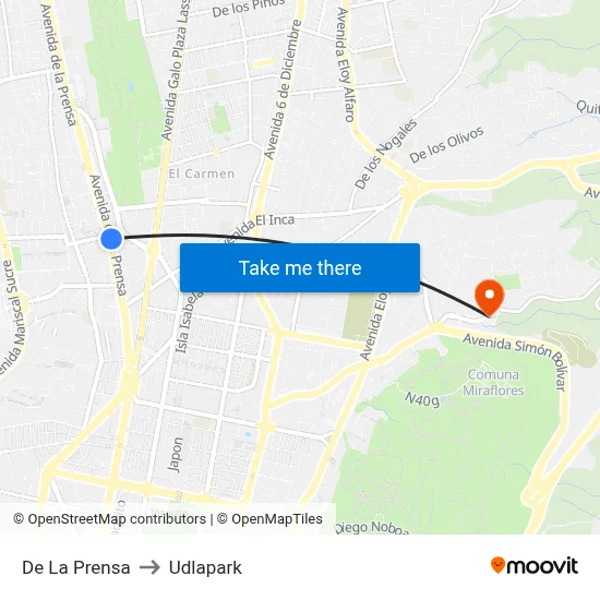 De La Prensa to Udlapark map
