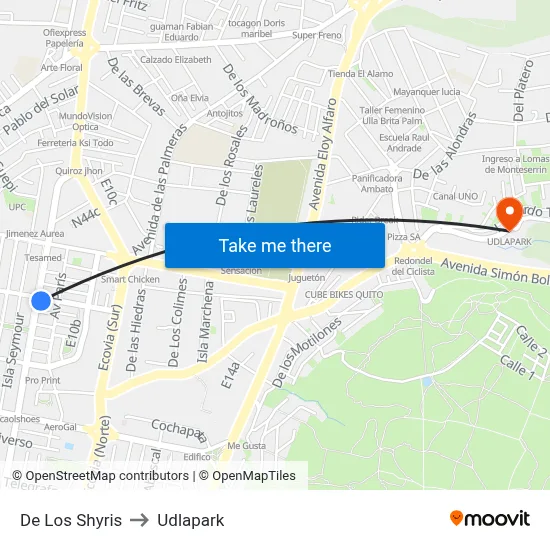 De Los Shyris to Udlapark map