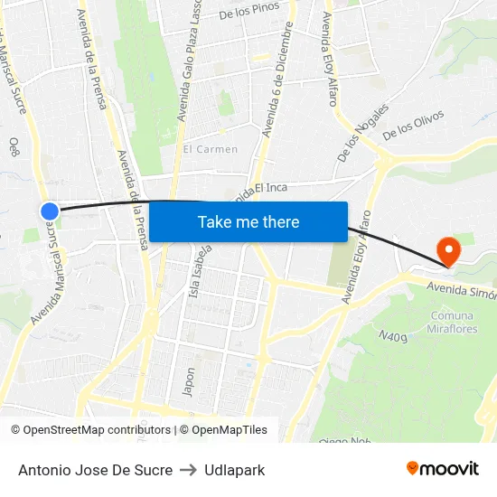 Antonio Jose De Sucre to Udlapark map