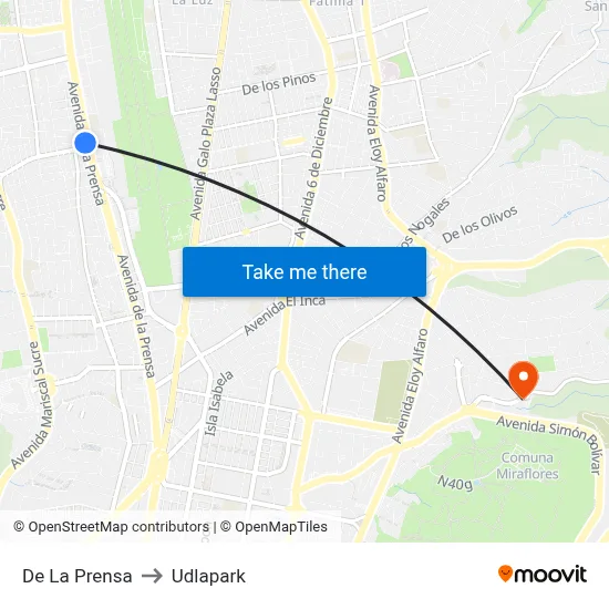 De La Prensa to Udlapark map