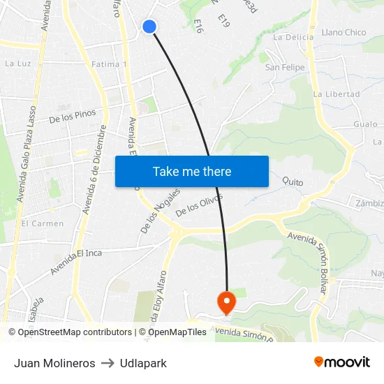 Juan Molineros to Udlapark map