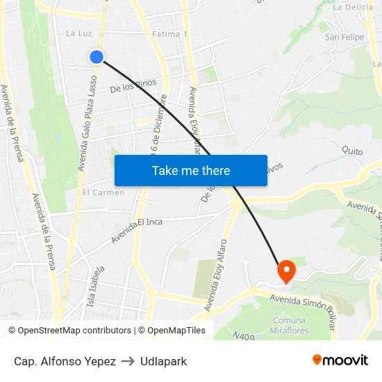 Cap. Alfonso Yepez to Udlapark map