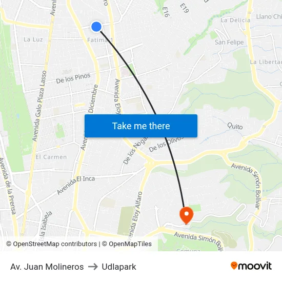 Av. Juan Molineros to Udlapark map