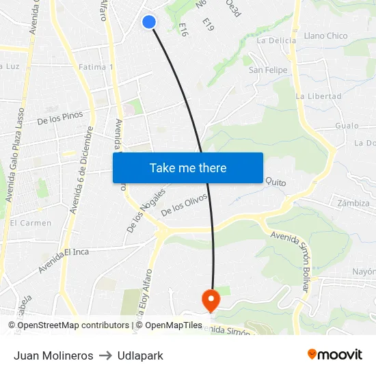 Juan Molineros to Udlapark map