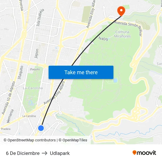 6 De Diciembre to Udlapark map