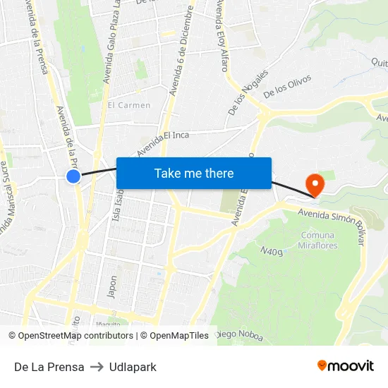 De La Prensa to Udlapark map