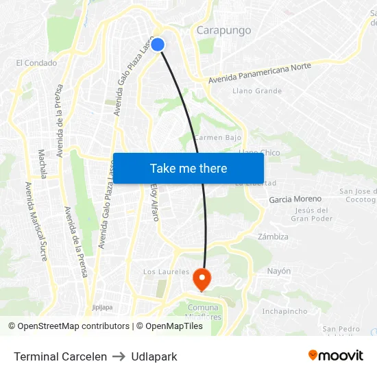 Terminal Carcelen to Udlapark map